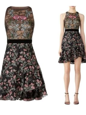 Monique Lhuillier Sheer Black Floral Rose Embroidered Lace Dress Size 10